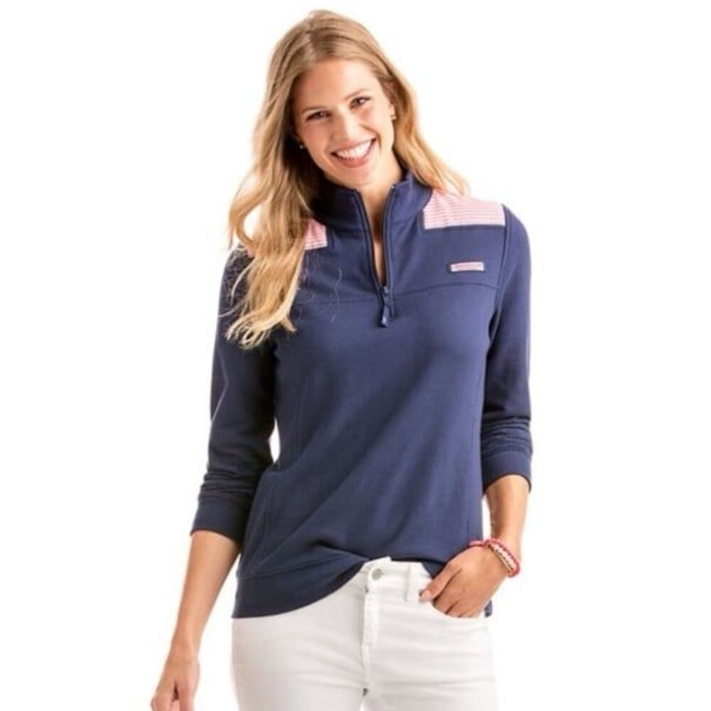 Vineyard Vines Shep Shirt Quarter-Zip Sweatshirt Navy Pink Stripe Shoulder Small